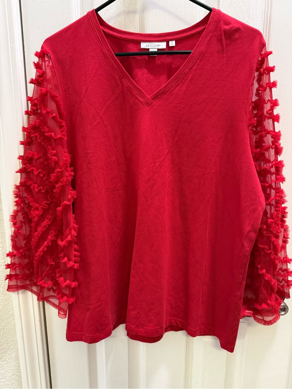 Chico's Bright Red V-Neck Top with Ruffle Mesh Sleeves XL